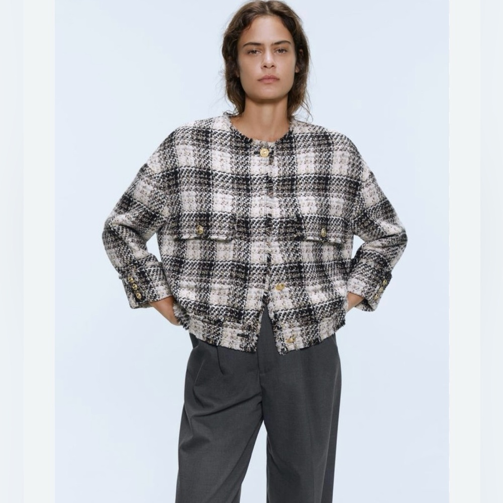Zara Plaid Tweed Jacket Size Medium